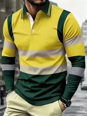 Мъжко поло с дълги ръкави, slim fit, полиестер, дигитален печат, приятно за кожата, есен 2025