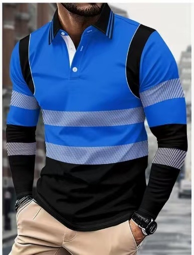 Мъжко поло с дълги ръкави, slim fit, полиестер, дигитален печат, приятно за кожата, есен 2025
