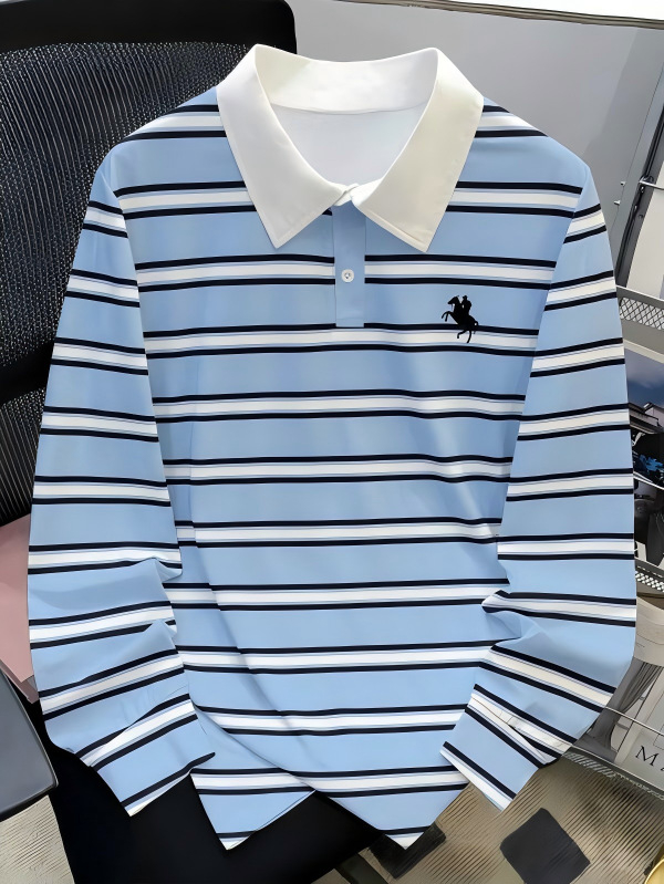 Мъжко поло с дълги ръкави, slim fit, полиестер, дигитален печат, приятно за кожата, есен 2025