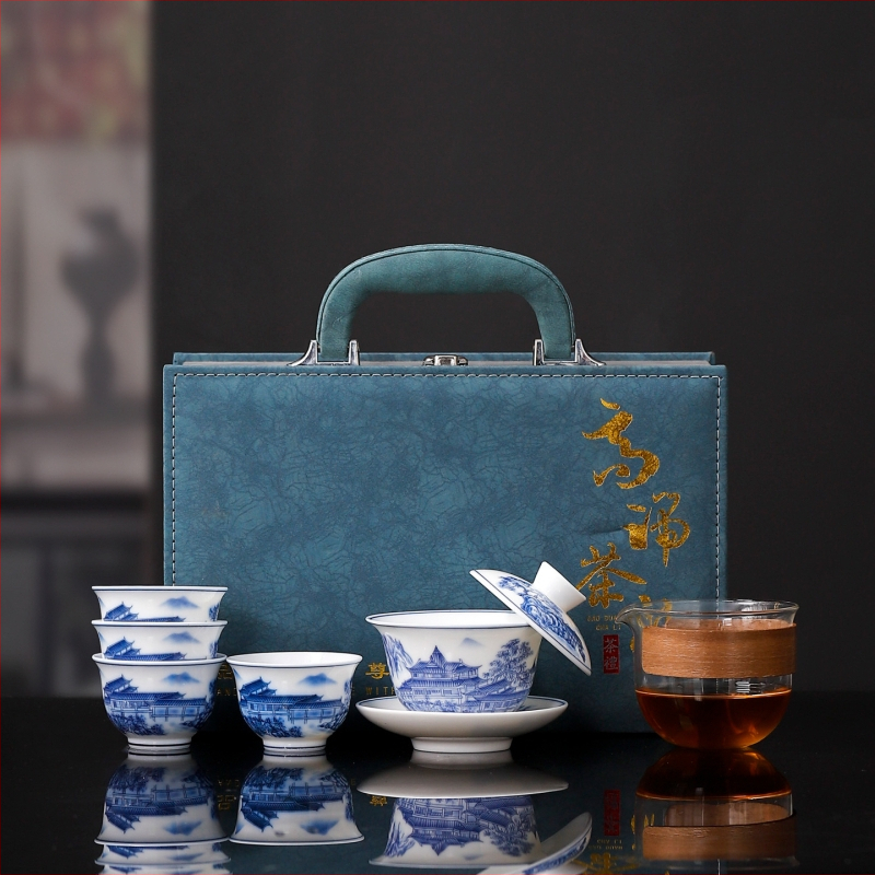 Fehér jade porcelán Gongfu teáskészlet ajándékboxban, 1 teáskanna és 4 csésze, irodai és otthoni használatra, lágy luxus