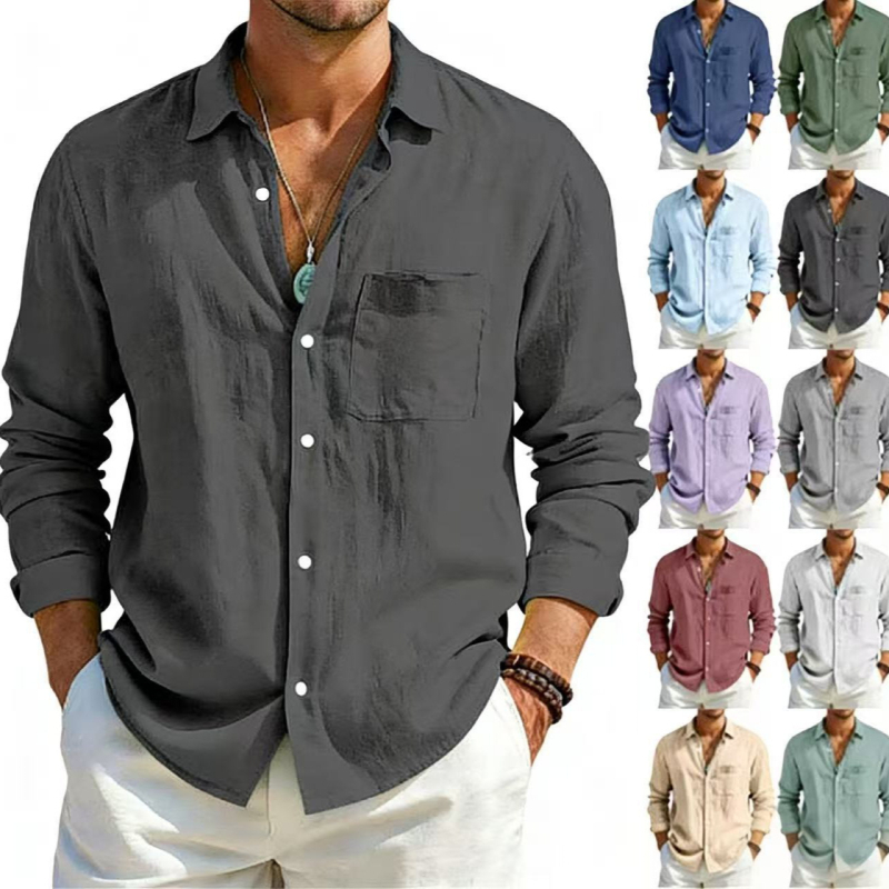 Muški casual kardigan s dugim rukavima od pamuk-linen, gumbi, opuštena silueta, jednobojan