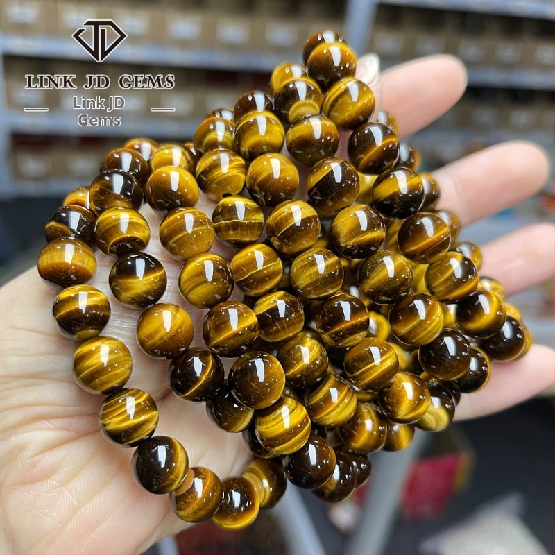 Jingdong Jewelry Brățară unisex minimalistă cu mărgele rotunde, piatră ochi de tigru galben natural, 7A