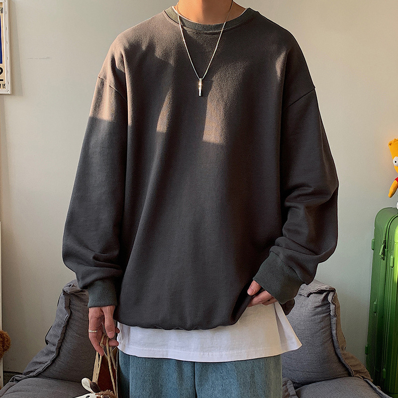 Muški dugi rukav sweatshirt s fleece podstavom, ležerna silueta, jesen 2021, jednobojna, okrugli izrez