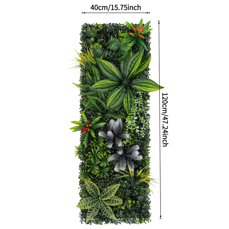 40×120 cm Mesterséges növényi fal, háromdimenziós élethű zöld növények és művirágok háttér dekorációhoz