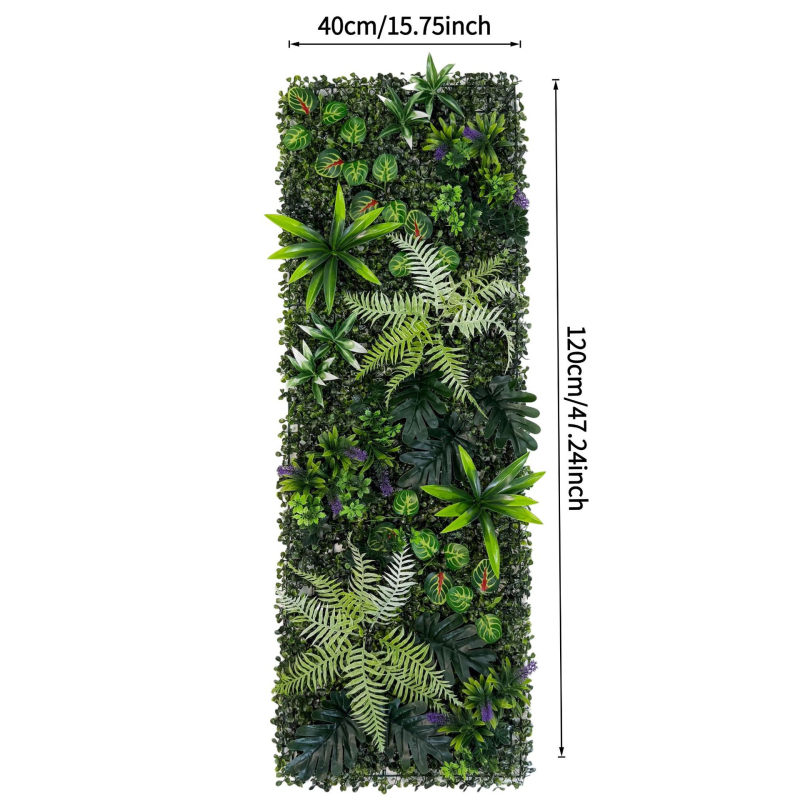 40×120 cm Mesterséges növényi fal, háromdimenziós élethű zöld növények és művirágok háttér dekorációhoz