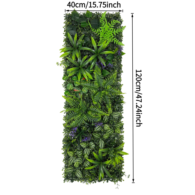 40×120 cm Mesterséges növényi fal, háromdimenziós élethű zöld növények és művirágok háttér dekorációhoz