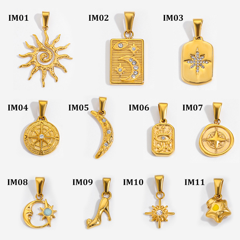 Nerđajući čelik medaljon sa suncem, mjesecom i zvijezdom te osmerokutnom zvijezdom u geometrijskom dizajnu, pozlaćen 24K za DIY nakit