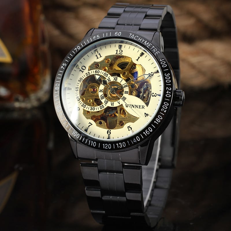T-WINNER Ceas skeleton cu cadran circular, automat mecanic, unisex
