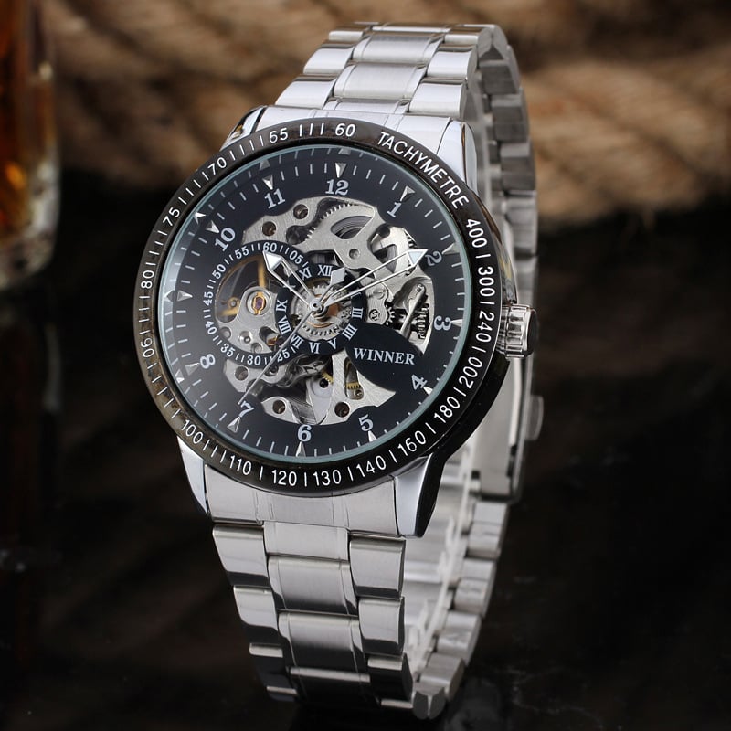 T-WINNER Ceas skeleton cu cadran circular, automat mecanic, unisex