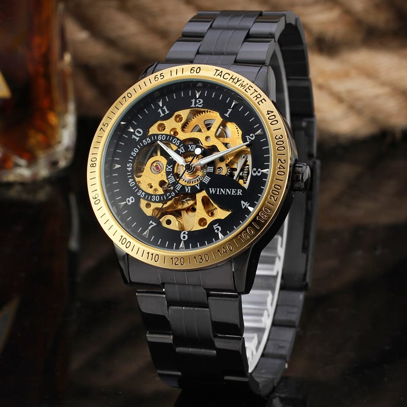 T-WINNER Ceas skeleton cu cadran circular, automat mecanic, unisex