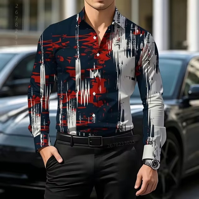 Muška košulja s udobnim, stilskim tiskom, casual i svestran, širokog kroja za poslovni stil