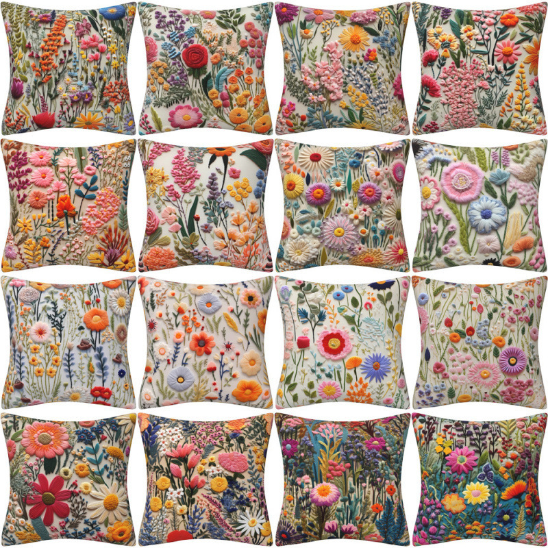 Lanena navlaka za jastuk s 3D imitacijom broderije i cvjetnim uzorkom, digitalni tisak, dekor za kauč.