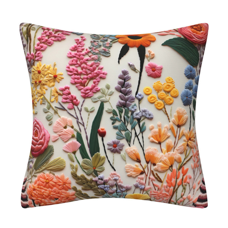 Lanena navlaka za jastuk s 3D imitacijom broderije i cvjetnim uzorkom, digitalni tisak, dekor za kauč.