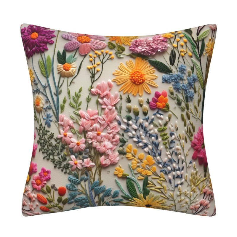 Lanena navlaka za jastuk s 3D imitacijom broderije i cvjetnim uzorkom, digitalni tisak, dekor za kauč.