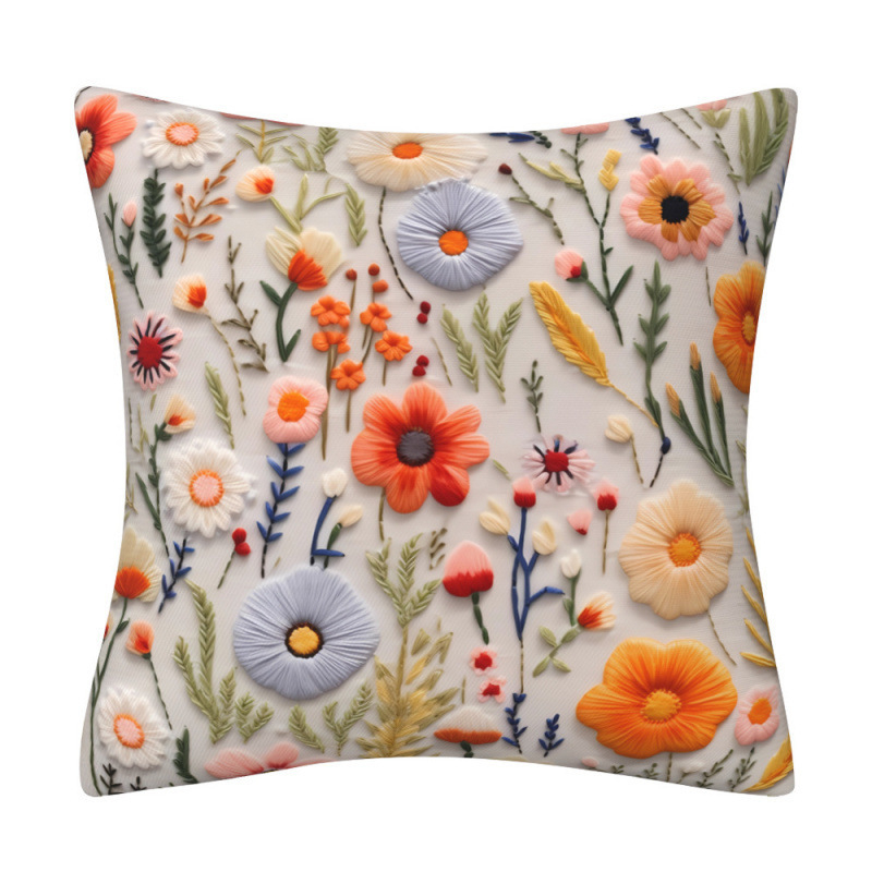 Lanena navlaka za jastuk s 3D imitacijom broderije i cvjetnim uzorkom, digitalni tisak, dekor za kauč.