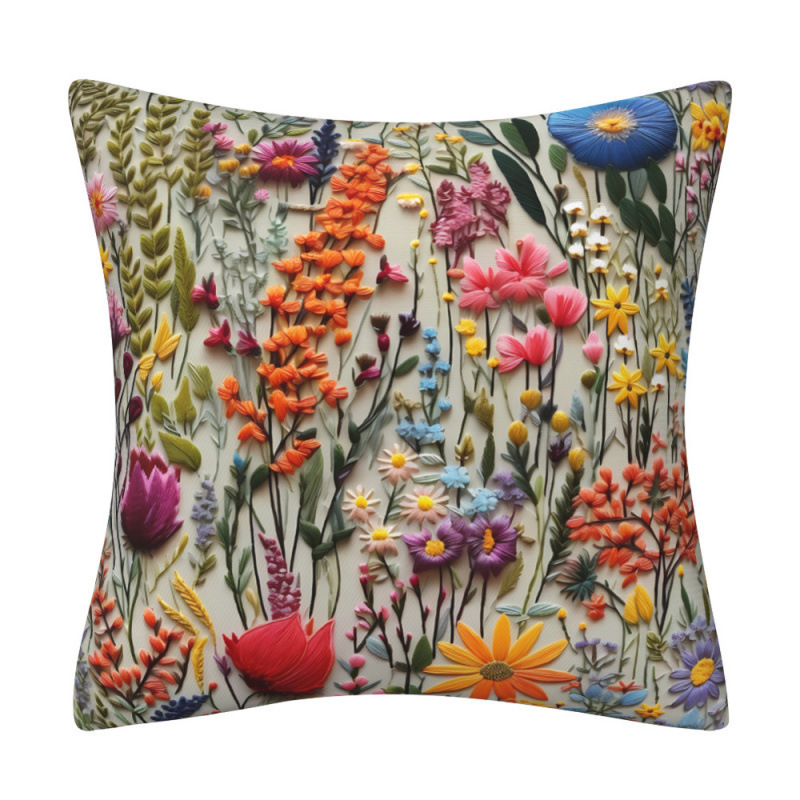 Lanena navlaka za jastuk s 3D imitacijom broderije i cvjetnim uzorkom, digitalni tisak, dekor za kauč.