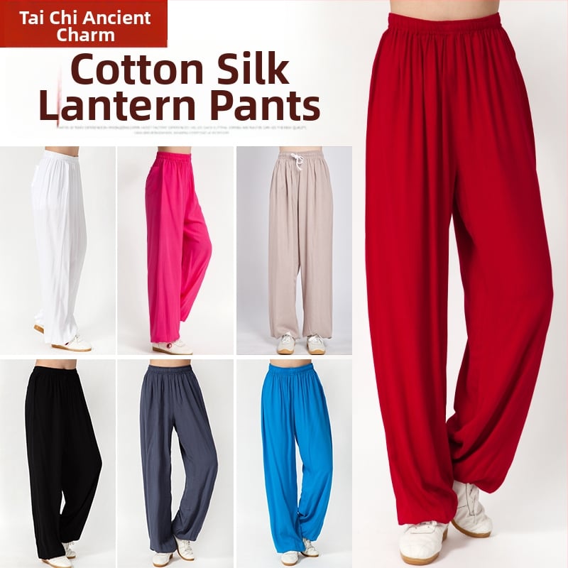 Pantaloni Tai Chi pentru femei și bărbați, material vară coton-satén, pentru exerciții matinale, spectacole și antrenament de arte marțiale, purtare acasă, stil lantern