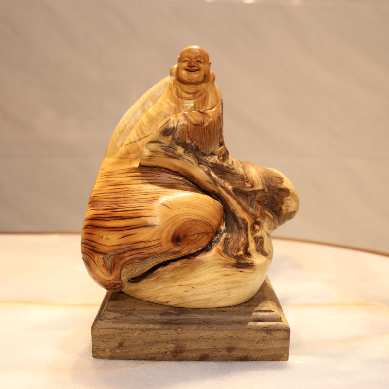 Thuja korijenova rezba s Bodhidharmom i Maitreya Budom, prirodna slobodna forma drvena dekoracija