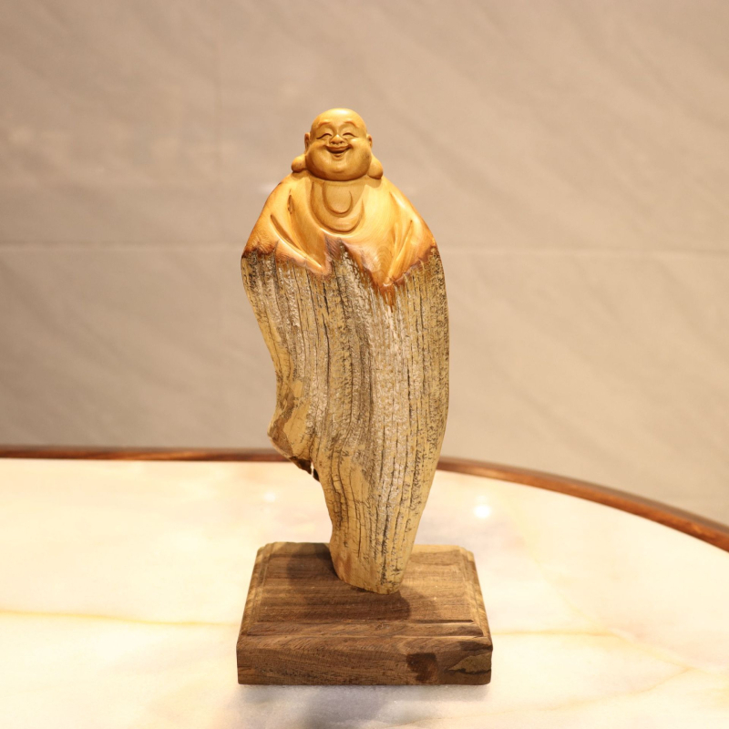 Thuja korijenova rezba s Bodhidharmom i Maitreya Budom, prirodna slobodna forma drvena dekoracija