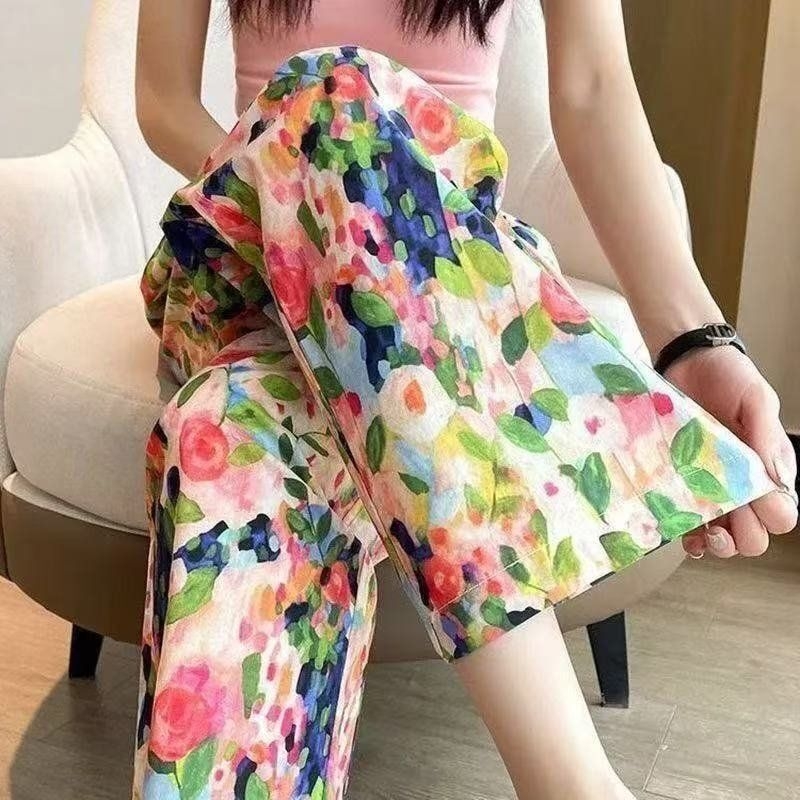 Ženske široke hlače za ljeto od pamuk-svilene smjese, udoban kroj, 3/4 duljine, visoki struk, plus size, za kućnu upotrebu ili nošenje vani
