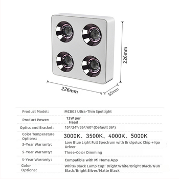 Downlight πλήρους φάσματος με τέσσερα τετράγωνα κεφάλια, οροφή-μόνταριστό LED προβολέας κατά της λάμψης