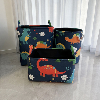 Dinoszaurusz mintás textil játék tárolókosár készlet, 3 darabos, háromrétegű ruházati szervezőkosár és ruhaszennyes kosár