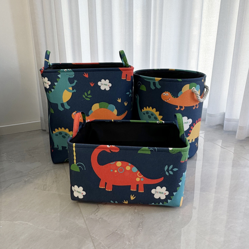 Dinoszaurusz mintás textil játék tárolókosár készlet, 3 darabos, háromrétegű ruházati szervezőkosár és ruhaszennyes kosár