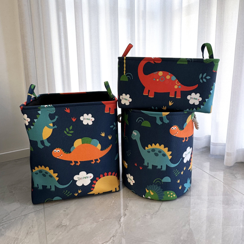 Dinoszaurusz mintás textil játék tárolókosár készlet, 3 darabos, háromrétegű ruházati szervezőkosár és ruhaszennyes kosár