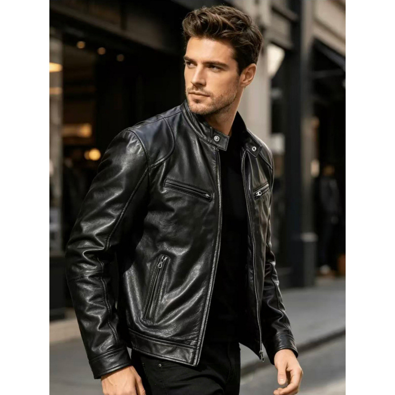 Geacă din piele PU pentru bărbați, guler înalt, stil casual moto, croială slim