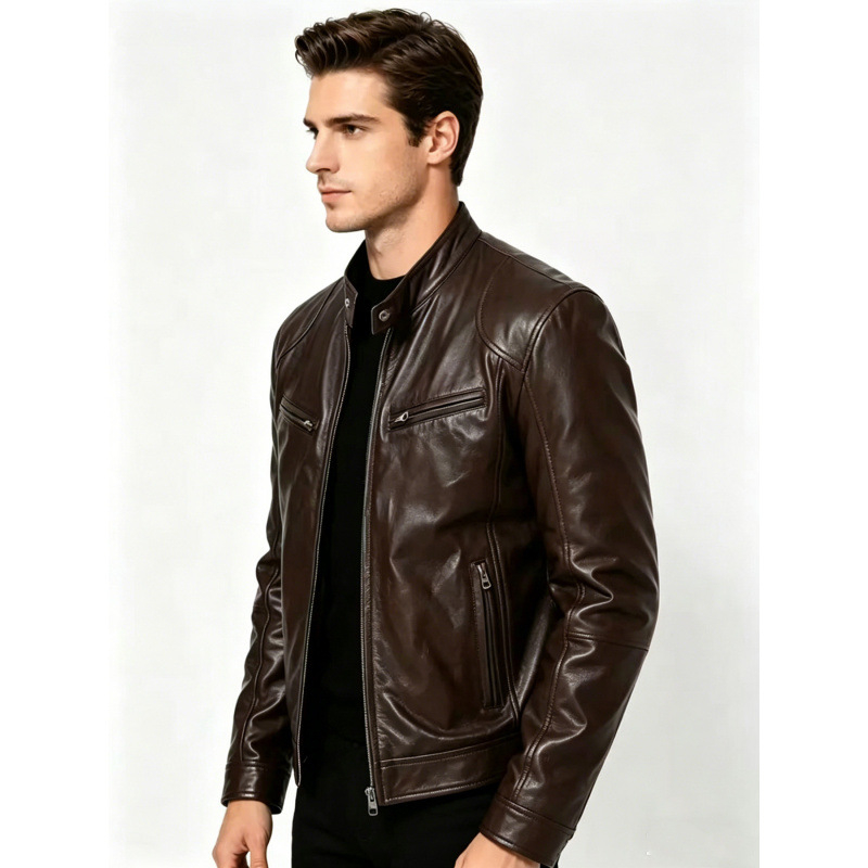 Geacă din piele PU pentru bărbați, guler înalt, stil casual moto, croială slim