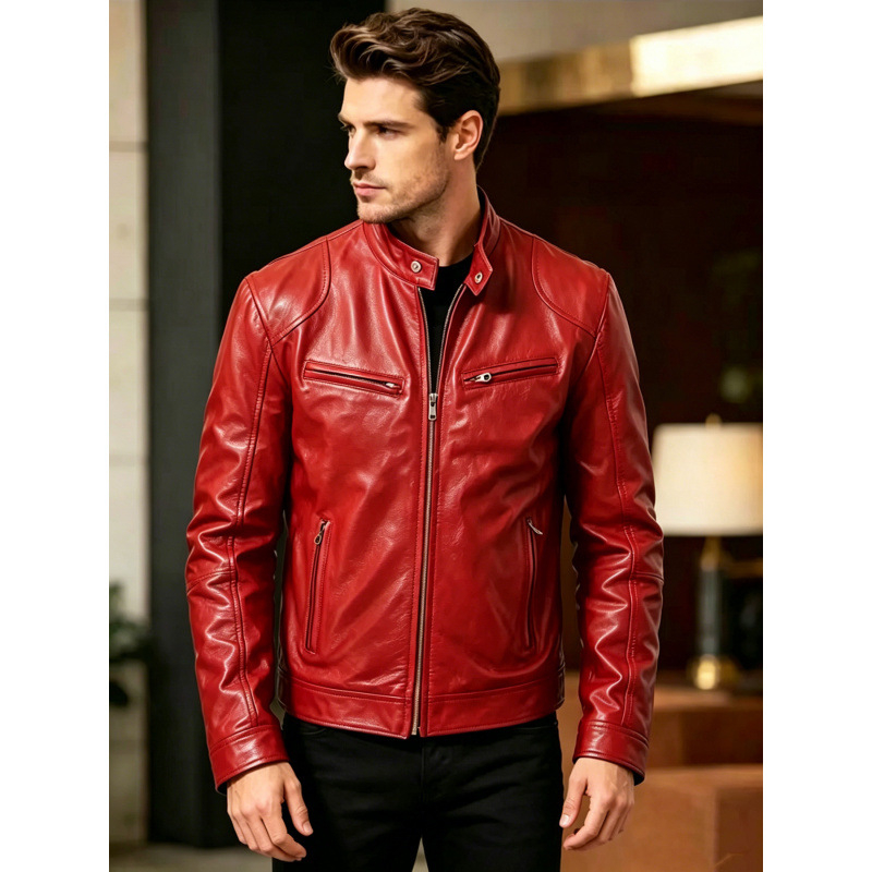 Geacă din piele PU pentru bărbați, guler înalt, stil casual moto, croială slim
