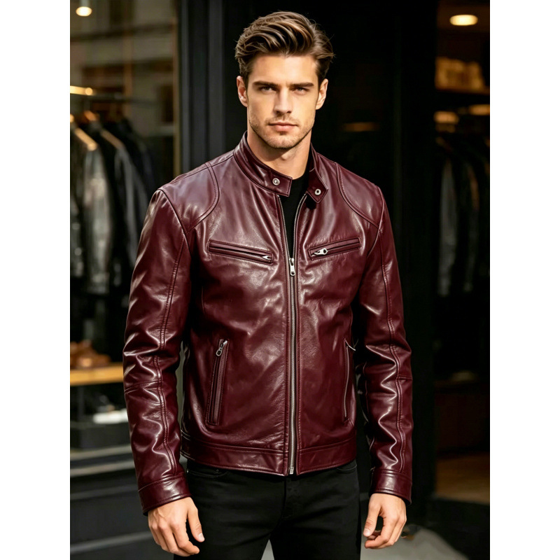 Geacă din piele PU pentru bărbați, guler înalt, stil casual moto, croială slim