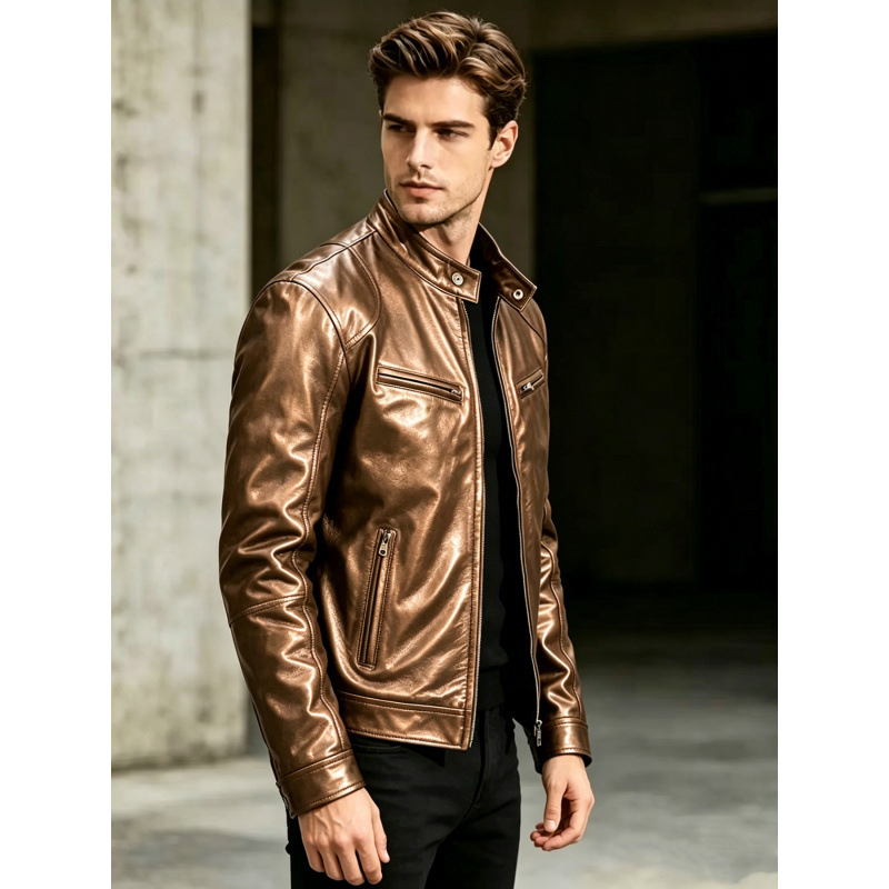 Geacă din piele PU pentru bărbați, guler înalt, stil casual moto, croială slim