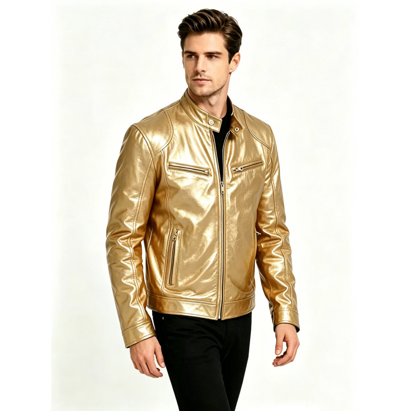Geacă din piele PU pentru bărbați, guler înalt, stil casual moto, croială slim