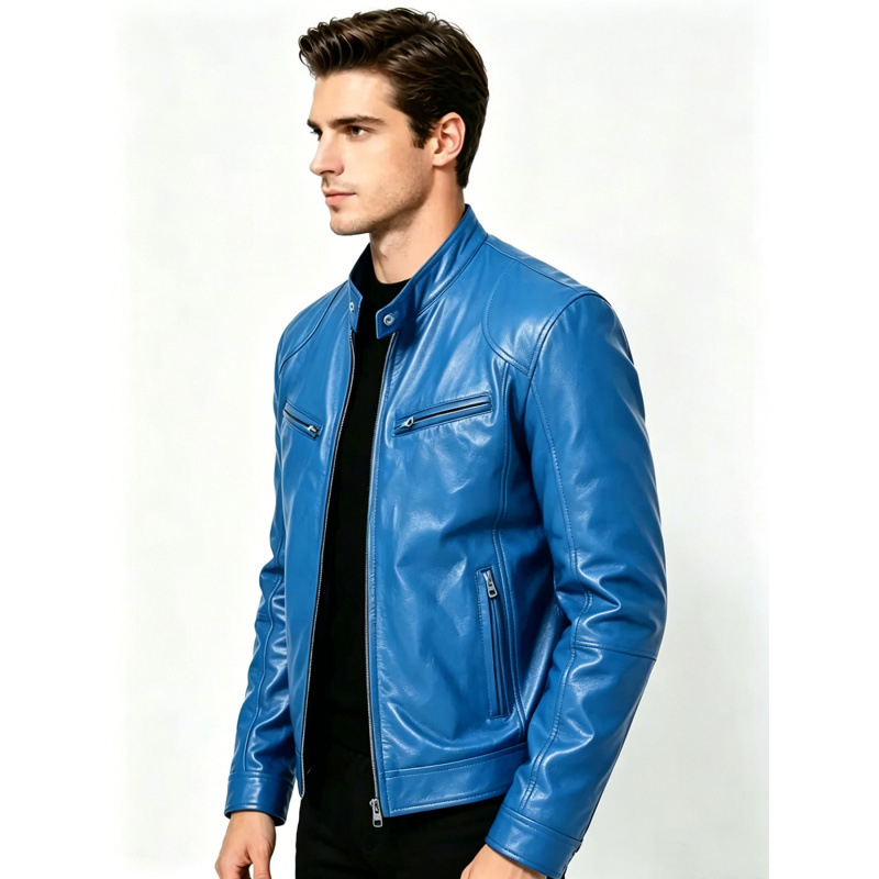 Geacă din piele PU pentru bărbați, guler înalt, stil casual moto, croială slim