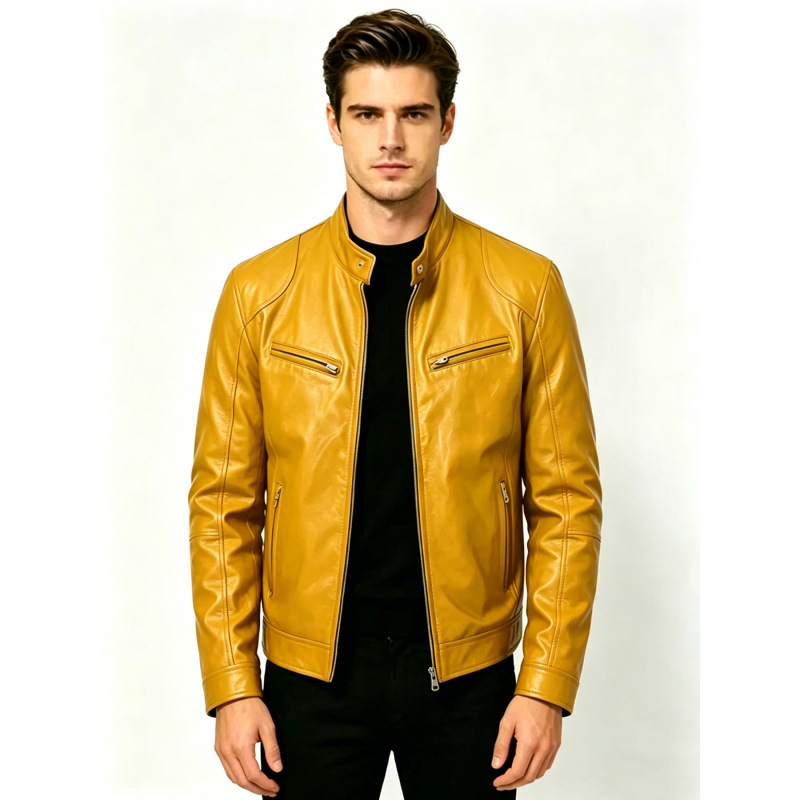 Geacă din piele PU pentru bărbați, guler înalt, stil casual moto, croială slim