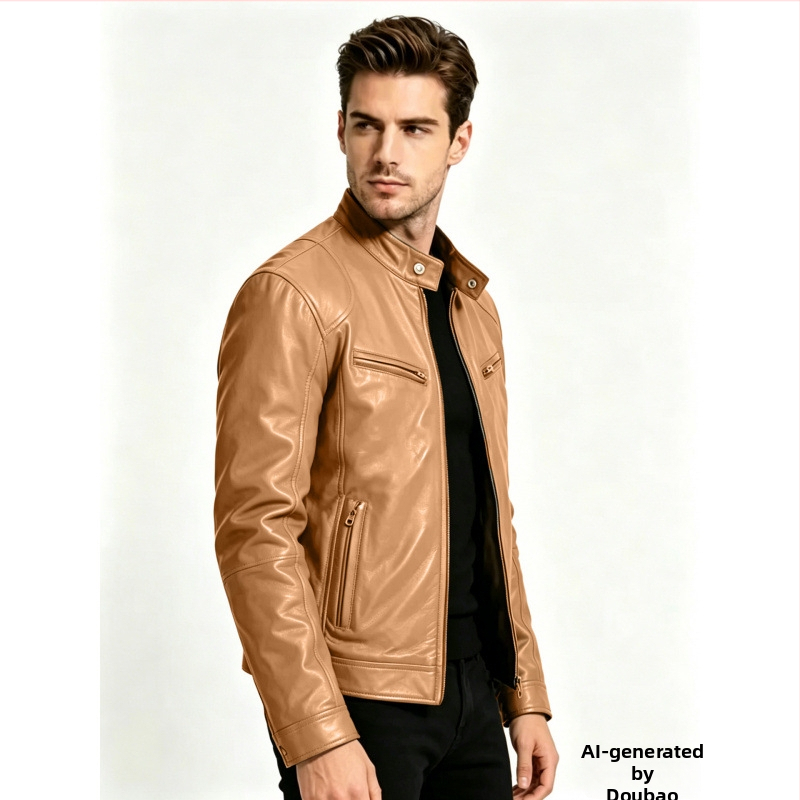 Geacă din piele PU pentru bărbați, guler înalt, stil casual moto, croială slim