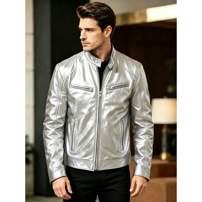 Geacă din piele PU pentru bărbați, guler înalt, stil casual moto, croială slim