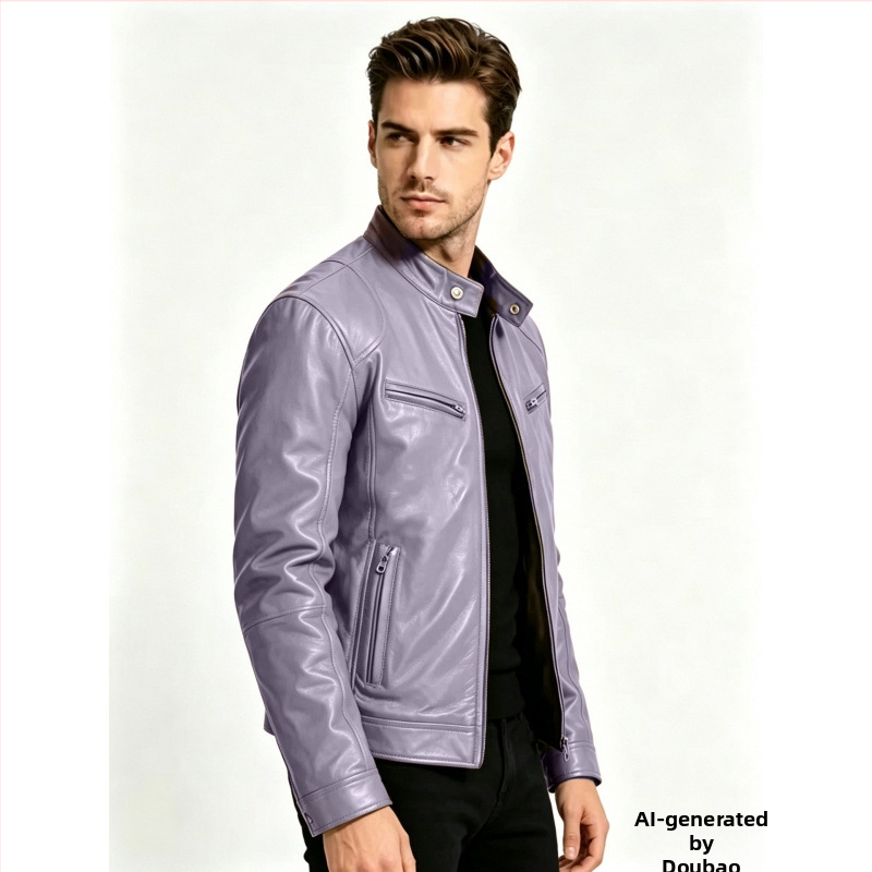 Geacă din piele PU pentru bărbați, guler înalt, stil casual moto, croială slim