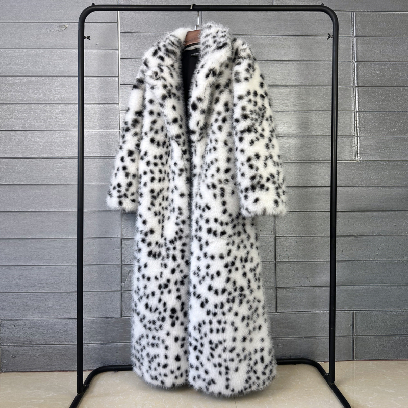 Dug kaput od umjetne dlake za žene s bijelim leopard uzorkom, debeli pliš, ovratnik stila sakoa, zimski vanjski kaput
