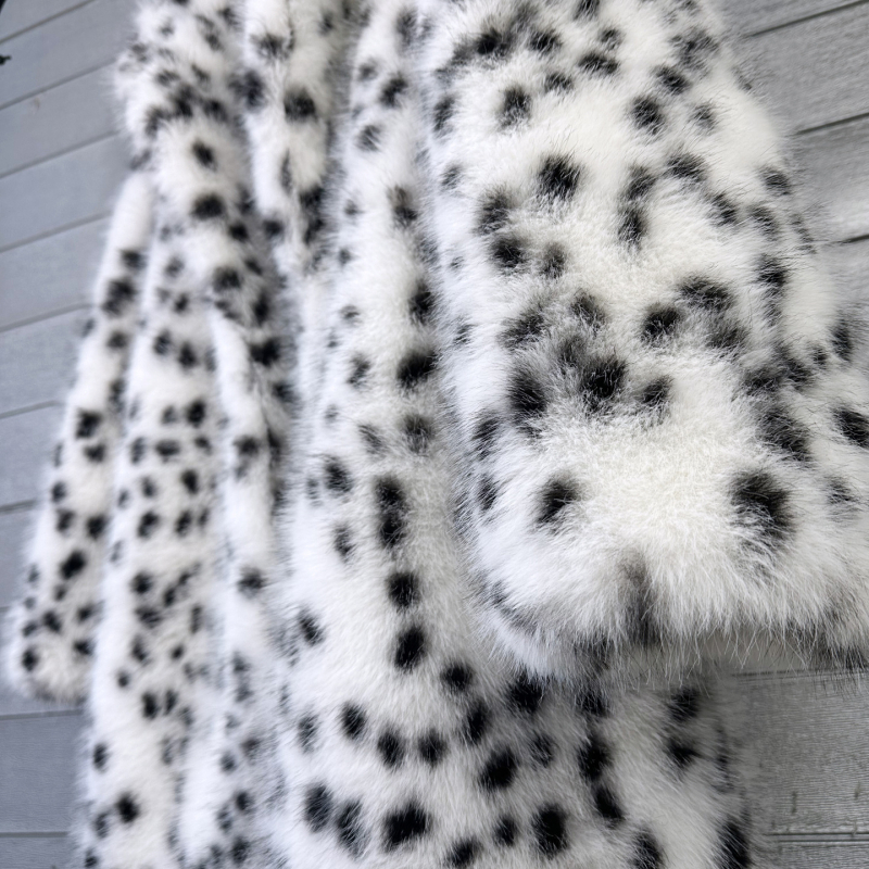 Dug kaput od umjetne dlake za žene s bijelim leopard uzorkom, debeli pliš, ovratnik stila sakoa, zimski vanjski kaput