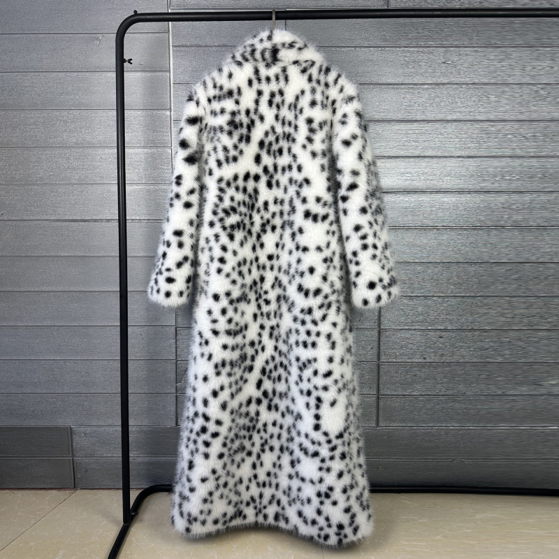 Dug kaput od umjetne dlake za žene s bijelim leopard uzorkom, debeli pliš, ovratnik stila sakoa, zimski vanjski kaput