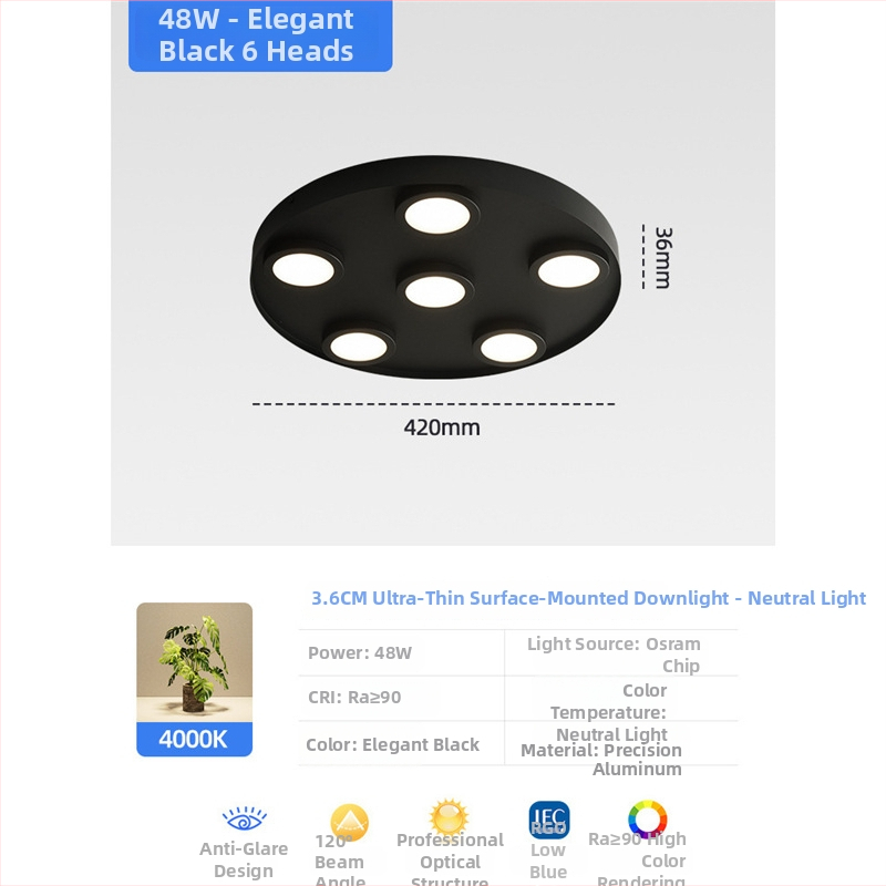 Υπερ-λεπτό LED κυκλικό οροφής downlight, αντιθαμπό, με τρεις κεφαλές, μοντέρνος μινιμαλιστικός σχεδιασμός, επιφανειακή εγκατάσταση, κατάλληλο για υπνοδωμάτιο και σαλονι, χωρίς κεντρικό φως