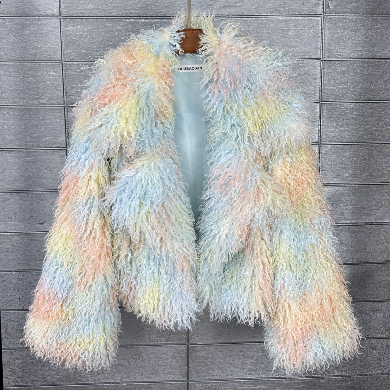 Ženski kaput od umjetne krzna s tie-dye uzorkom od vune, slobodan kroj, ovratnik odijela, zimska jakna