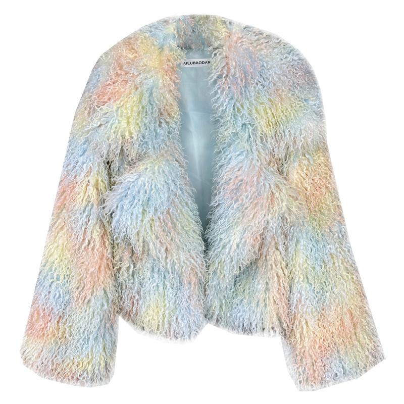 Ženski kaput od umjetne krzna s tie-dye uzorkom od vune, slobodan kroj, ovratnik odijela, zimska jakna