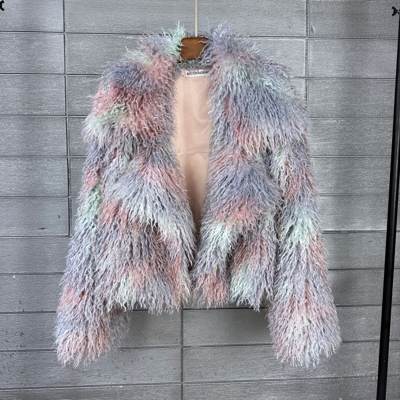 Ženski kaput od umjetne krzna s tie-dye uzorkom od vune, slobodan kroj, ovratnik odijela, zimska jakna