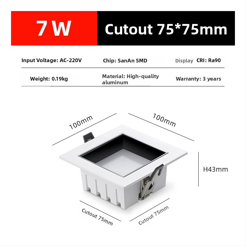 Τετράγωνο ενσωματωμένο LED downlight με πλήρες φάσμα, εξάλειψη θάμπωσης, υψηλής απόδοσης για οικιακή και επαγγελματική χρήση