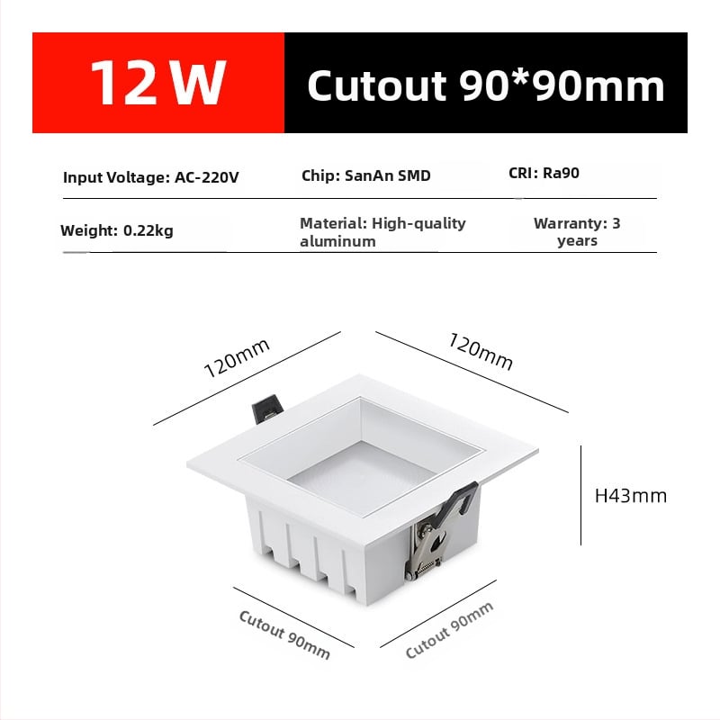Τετράγωνο ενσωματωμένο LED downlight με πλήρες φάσμα, εξάλειψη θάμπωσης, υψηλής απόδοσης για οικιακή και επαγγελματική χρήση