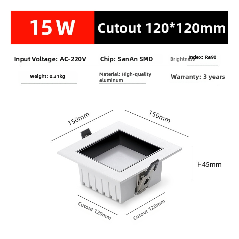 Τετράγωνο ενσωματωμένο LED downlight με πλήρες φάσμα, εξάλειψη θάμπωσης, υψηλής απόδοσης για οικιακή και επαγγελματική χρήση