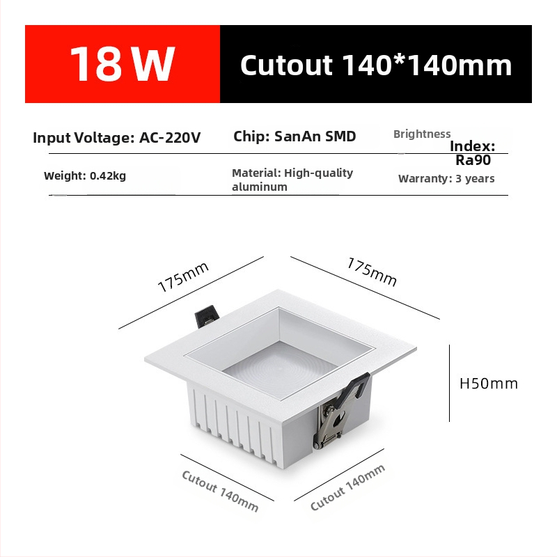 Τετράγωνο ενσωματωμένο LED downlight με πλήρες φάσμα, εξάλειψη θάμπωσης, υψηλής απόδοσης για οικιακή και επαγγελματική χρήση